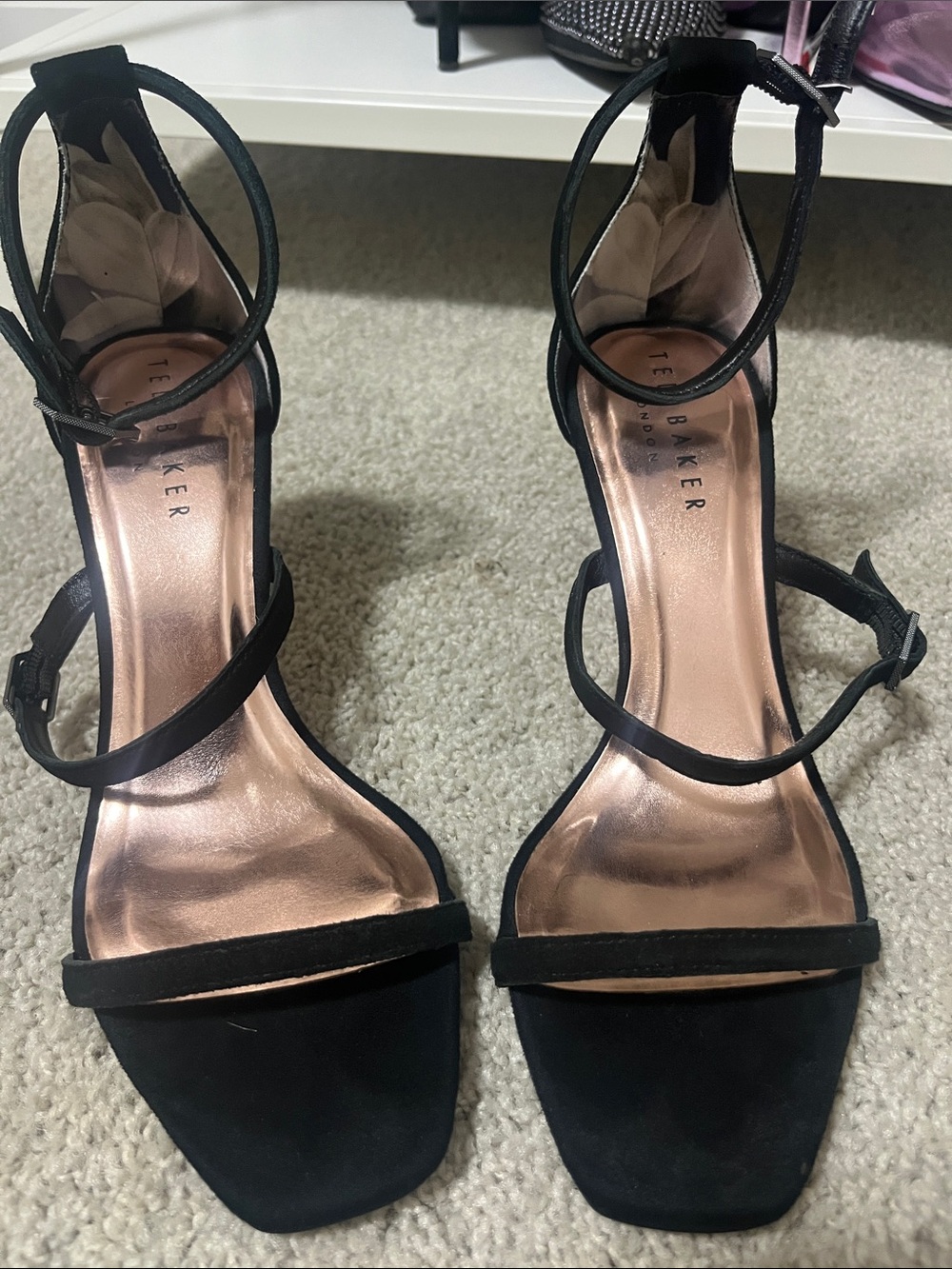 Ted Baker Black Suede Strappy Ankle-Heel Sandals with Rose Gold Insole